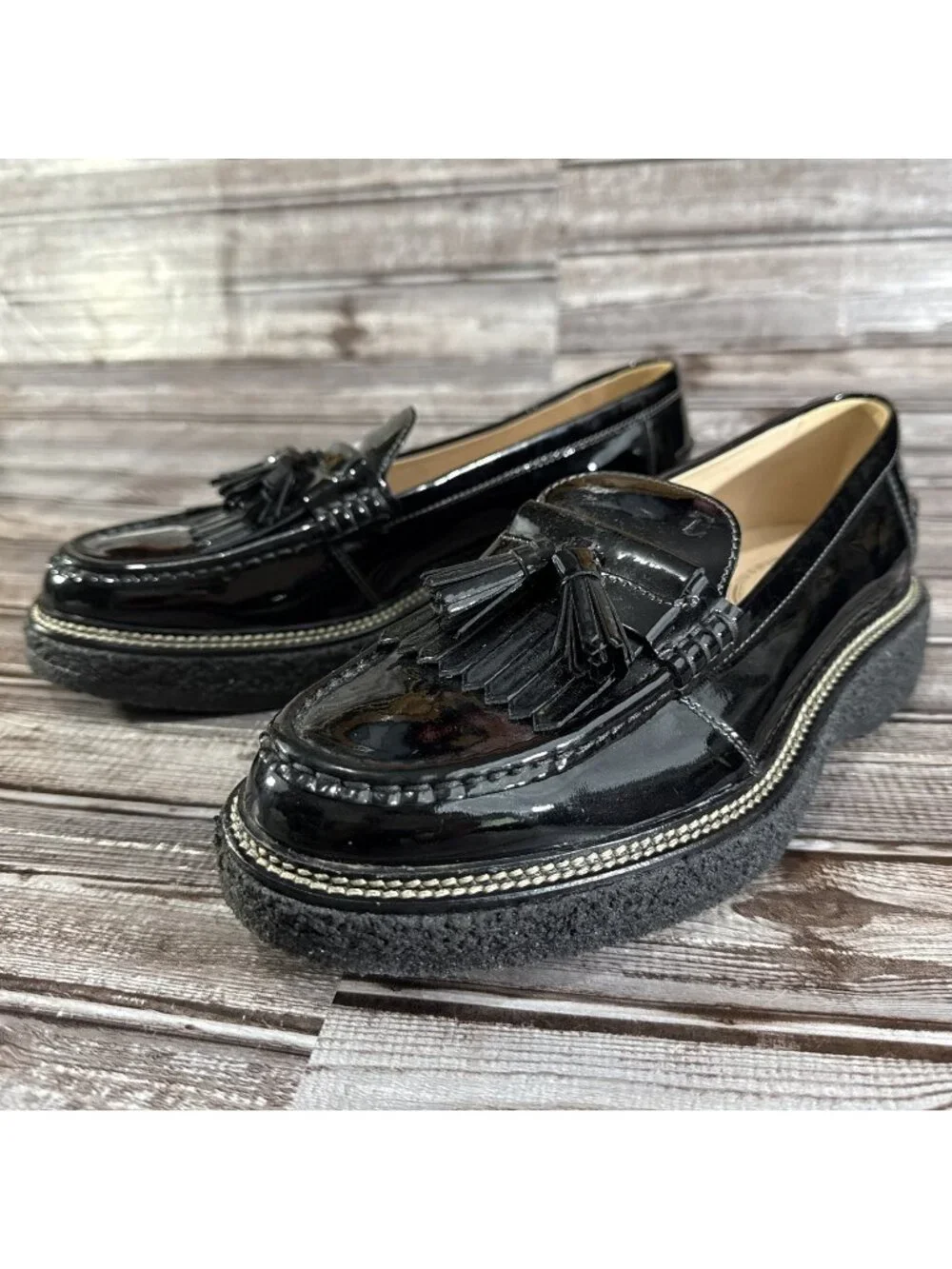 TOD'S Rough rubber sole loafers with tassels Size 39.5 EU 9.5 US New Black $599